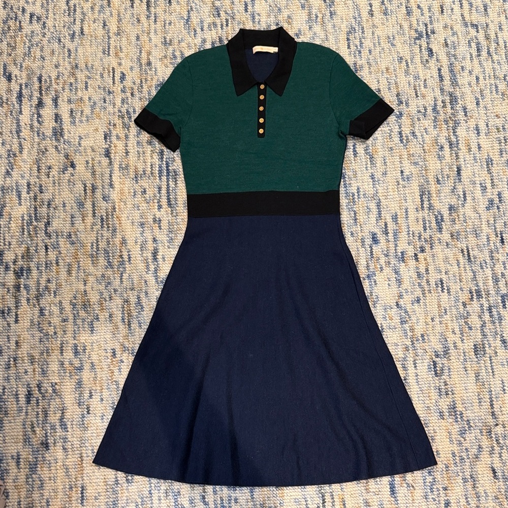 Tory Burch Green and Navy Knit A-Line Midi Dress